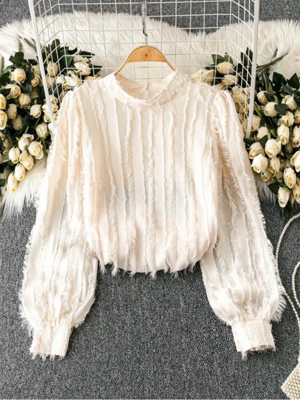 SHEIN Cream Fringe-Textured Long Sleeve Blouse